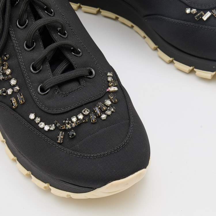 Pre Owned Prada Black Fabric Crystal Embellished Low Top Sneakers Size 38