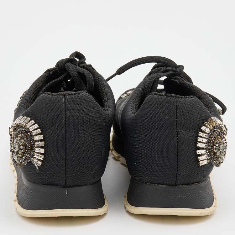 Pre Owned Prada Black Fabric Crystal Embellished Low Top Sneakers Size 38