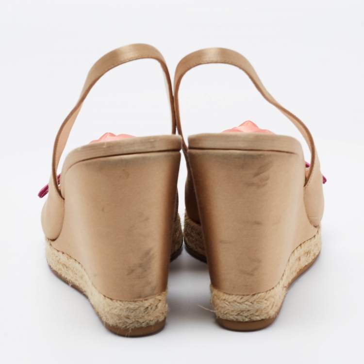 Pre Owned Prada Gold Beige Satin Embellished Slingback Wedge Sandals  Size 39.5