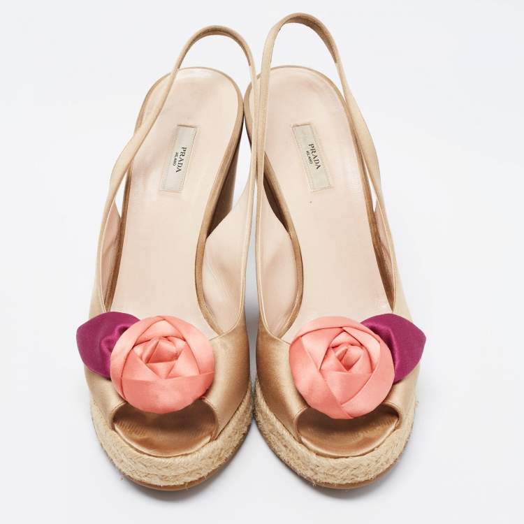 Pre Owned Prada Gold Beige Satin Embellished Slingback Wedge Sandals  Size 39.5