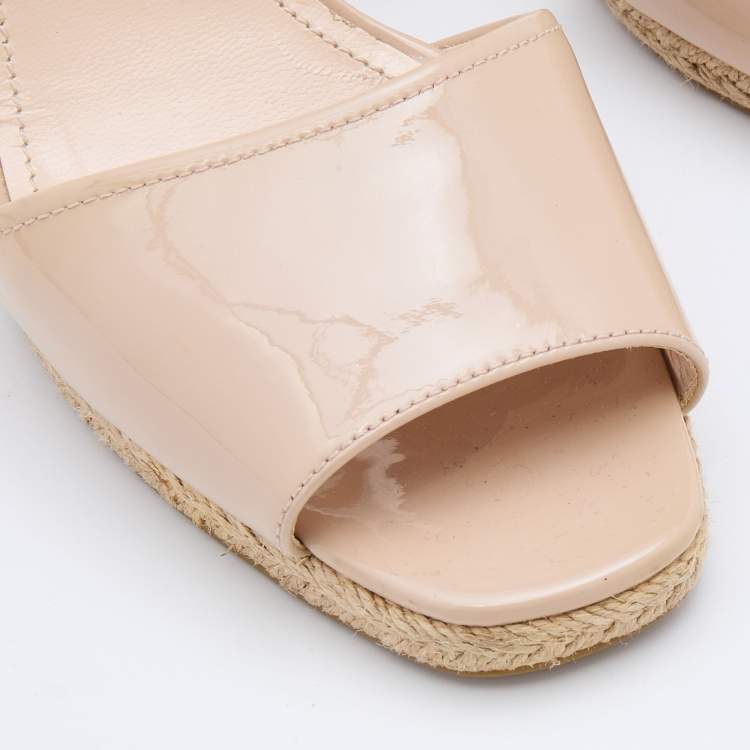 Pre Owned Prada Beige Patent Leather Espadrille Platform Wedge Ankle Strap Sandals Size 41