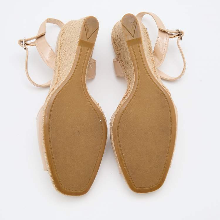 Pre Owned Prada Beige Patent Leather Espadrille Platform Wedge Ankle Strap Sandals Size 41