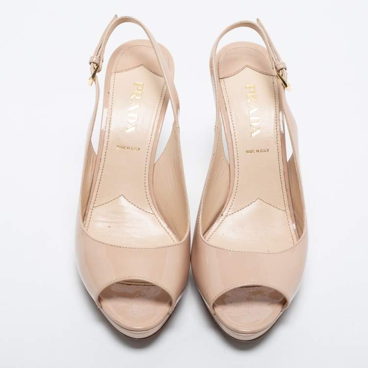 Pre Owned Prada Beige Patent Leather Slingback Platform Pumps Size 40.5