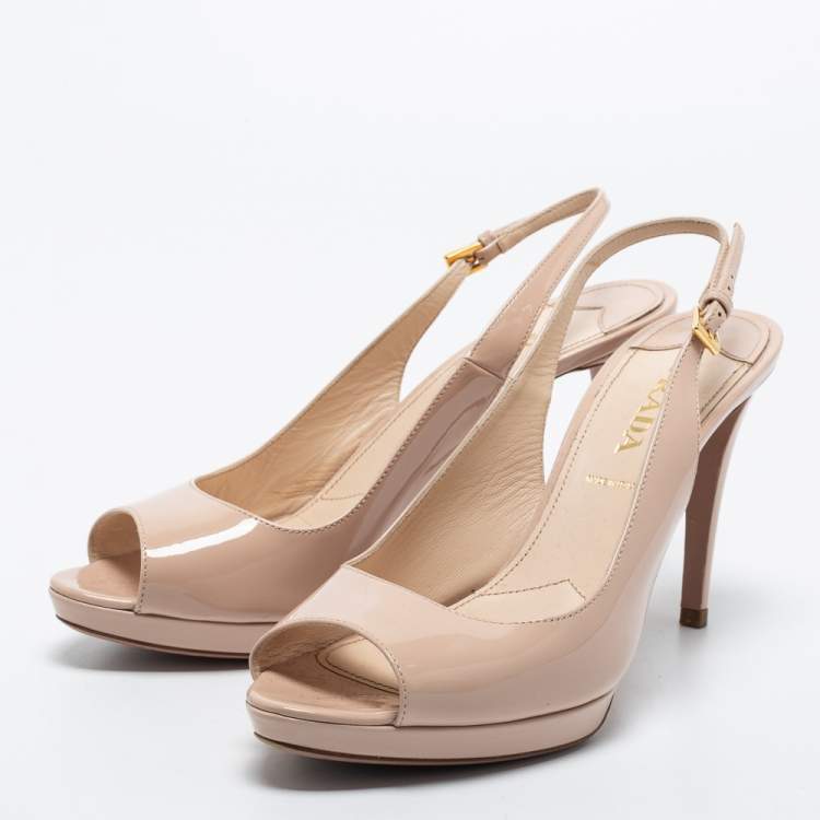 Pre Owned Prada Beige Patent Leather Slingback Platform Pumps Size 40.5