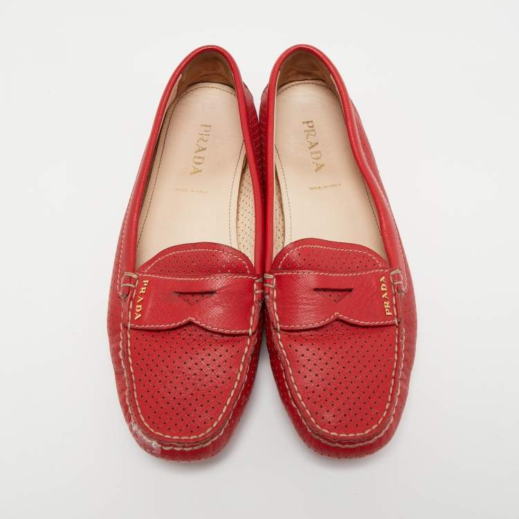 Pre Owned Prada Red Perforated Leather Penny Loafers Size 39