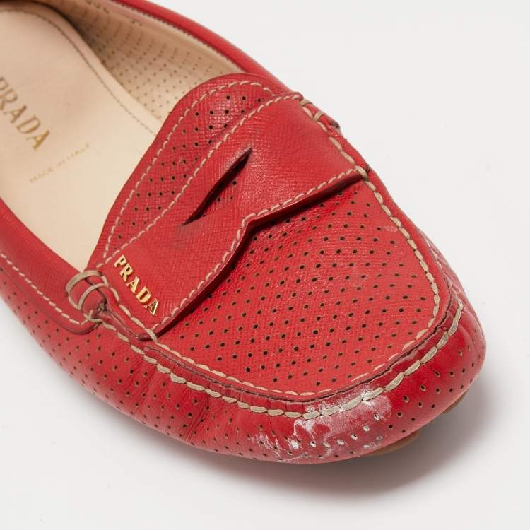 Pre Owned Prada Red Perforated Leather Penny Loafers Size 39