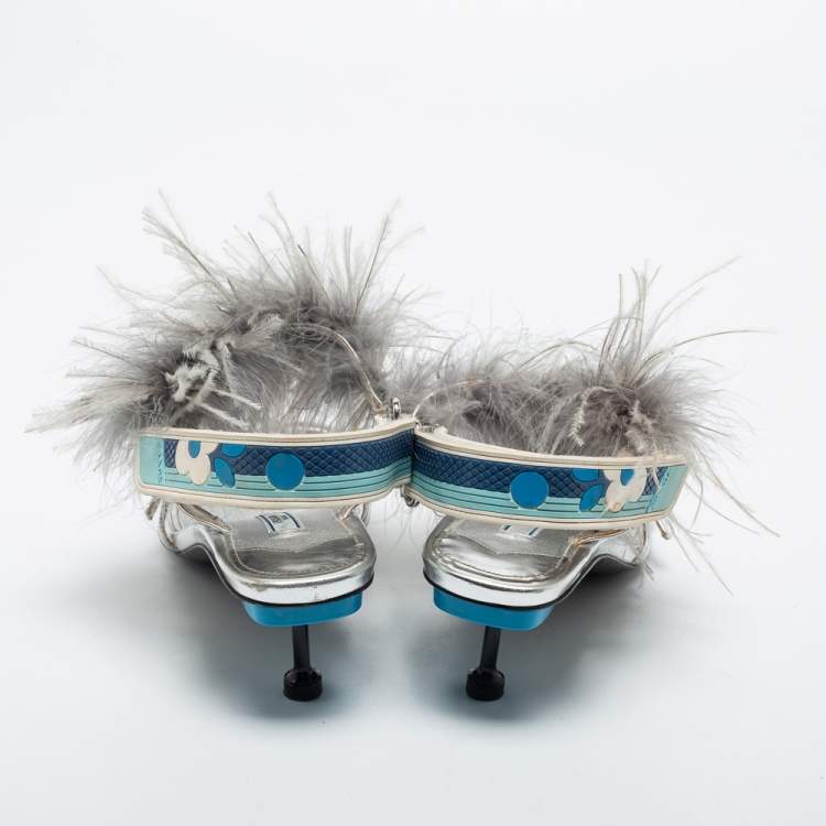 Pre Owned Prada Silver/Blue Leather, Rubber and Feather Trim Slingback Sandals Size 39