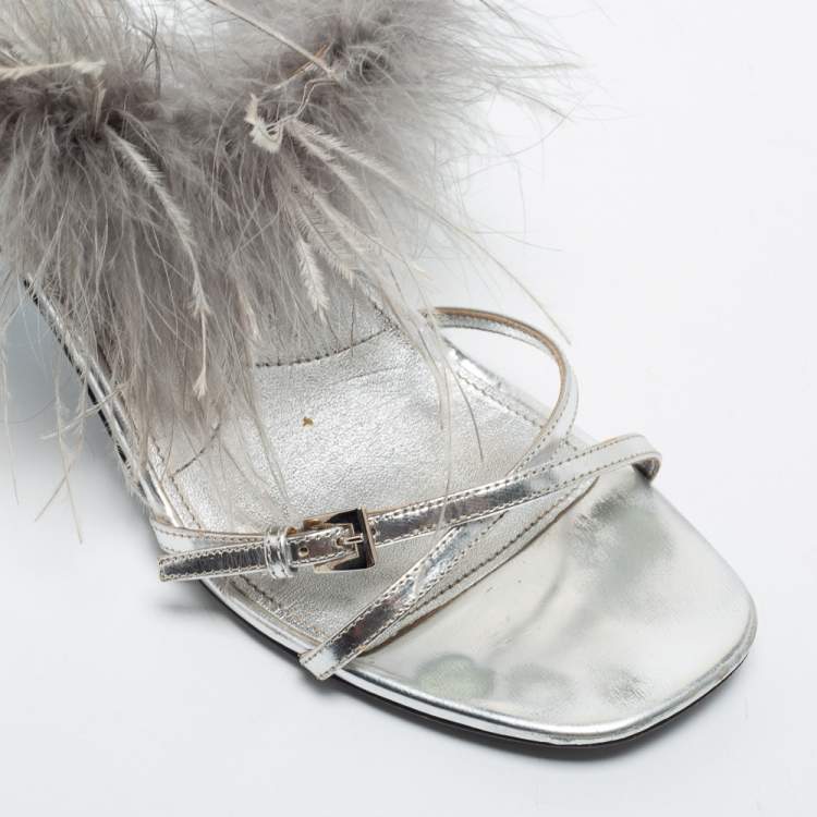 Pre Owned Prada Silver/Blue Leather, Rubber and Feather Trim Slingback Sandals Size 39