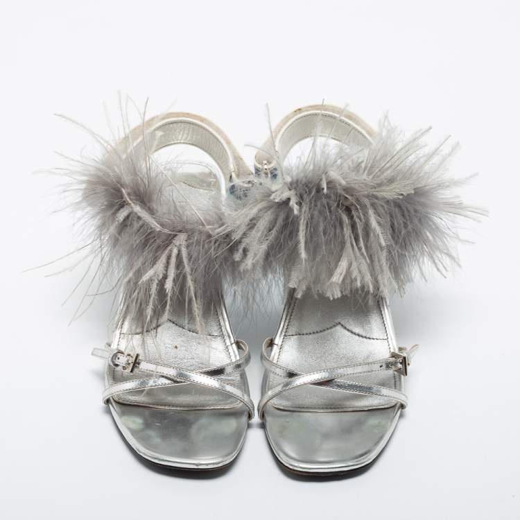 Pre Owned Prada Silver/Blue Leather, Rubber and Feather Trim Slingback Sandals Size 39