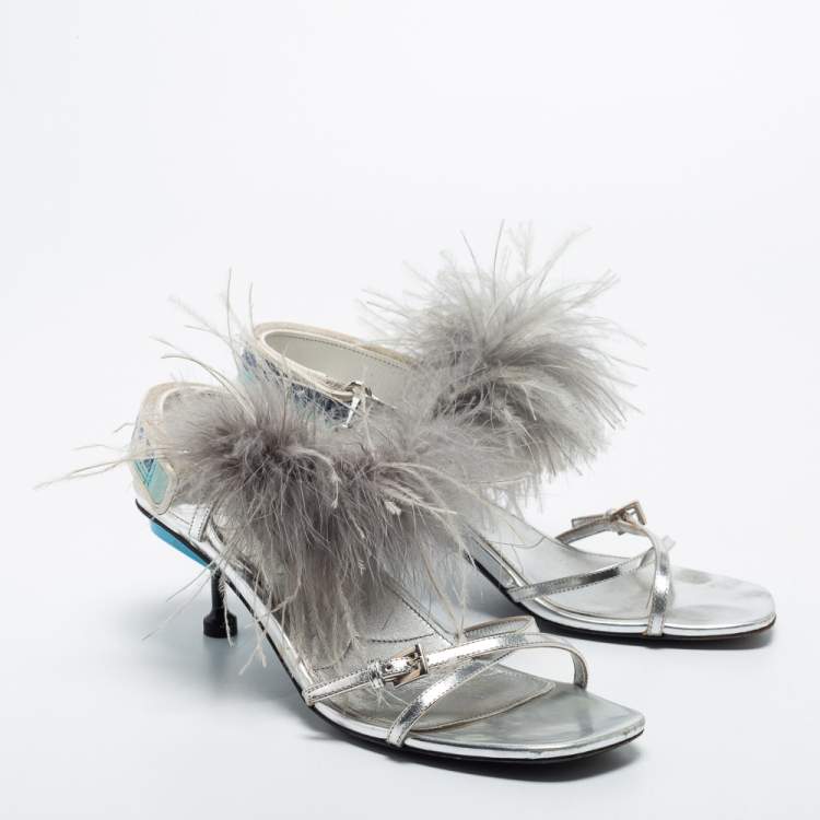 Pre Owned Prada Silver/Blue Leather, Rubber and Feather Trim Slingback Sandals Size 39