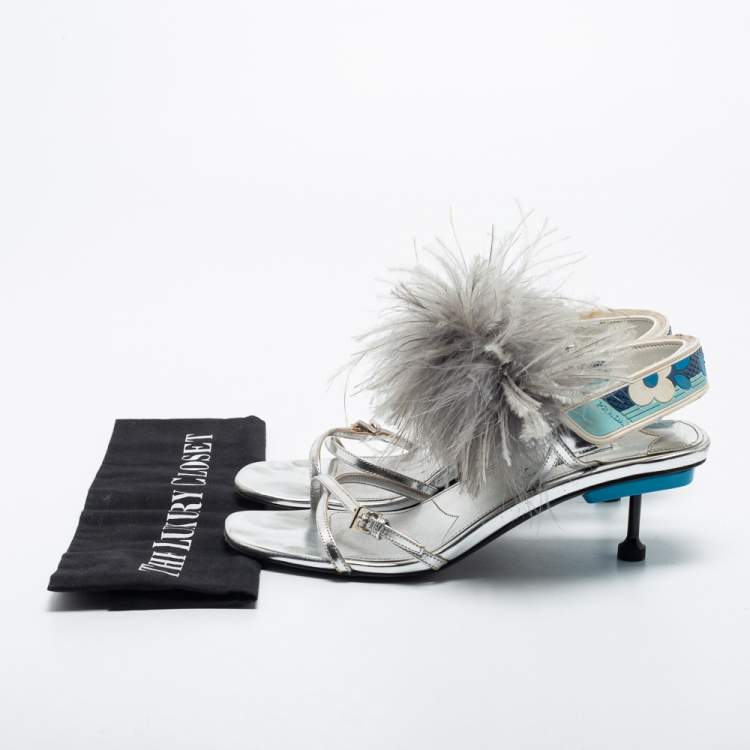 Pre Owned Prada Silver/Blue Leather, Rubber and Feather Trim Slingback Sandals Size 39