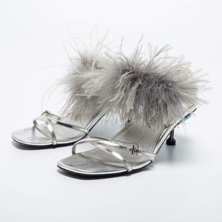 Pre Owned Prada Silver/Blue Leather, Rubber and Feather Trim Slingback Sandals Size 39