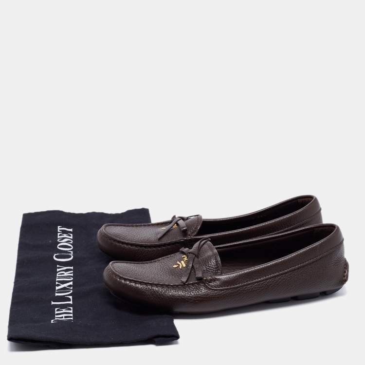 Pre Owned Prada Dark Brown Leather Loafers Size 38.5