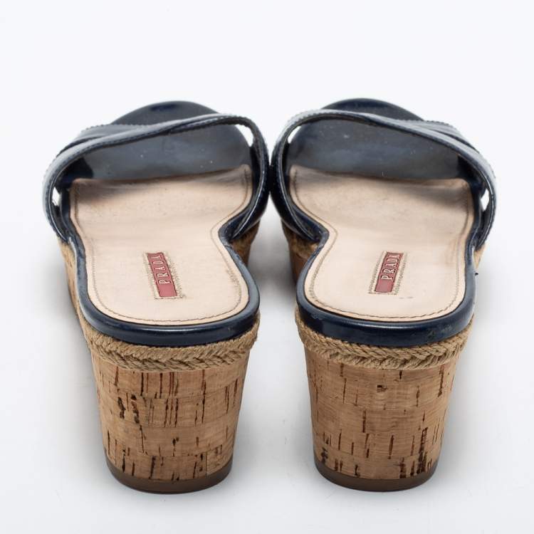 Pre Owned Prada Blue Patent Leather Wedge Sandals Size 39