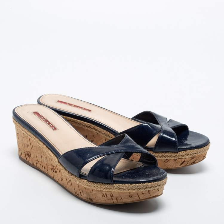 Pre Owned Prada Blue Patent Leather Wedge Sandals Size 39