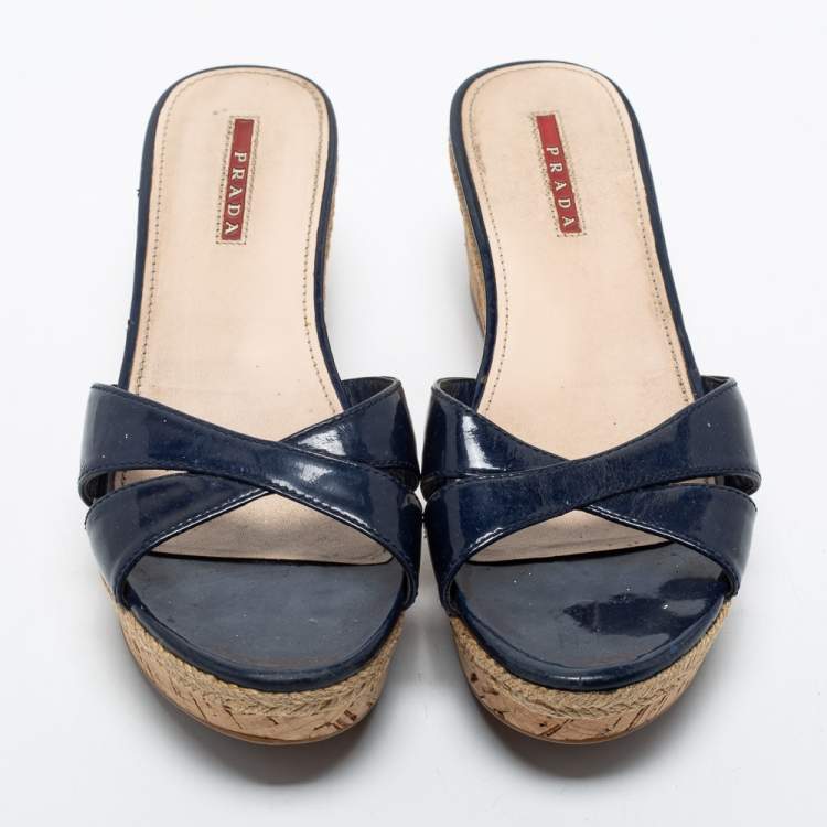 Pre Owned Prada Blue Patent Leather Wedge Sandals Size 39