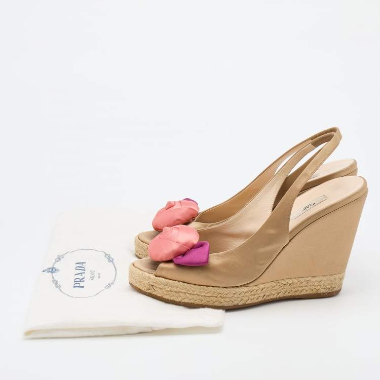 Pre Owned Prada Light Brown Satin Rose Espadrille Platform Wedge Pumps Size 38
