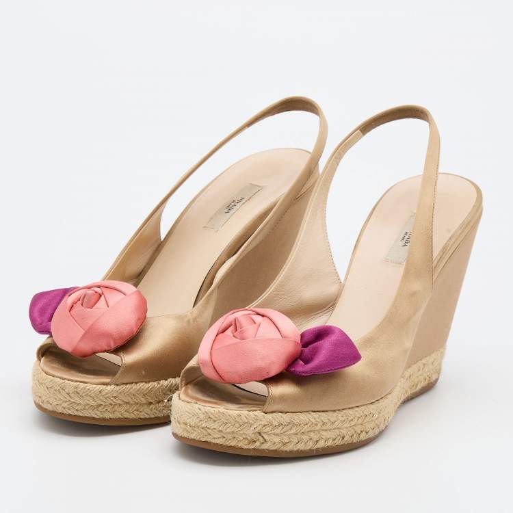 Pre Owned Prada Light Brown Satin Rose Espadrille Platform Wedge Pumps Size 38