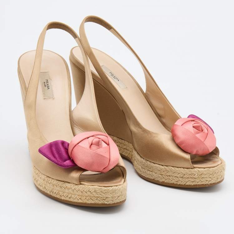 Pre Owned Prada Light Brown Satin Rose Espadrille Platform Wedge Pumps Size 38