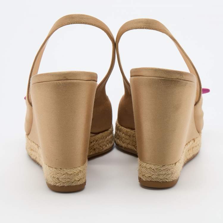 Pre Owned Prada Light Brown Satin Rose Espadrille Platform Wedge Pumps Size 38