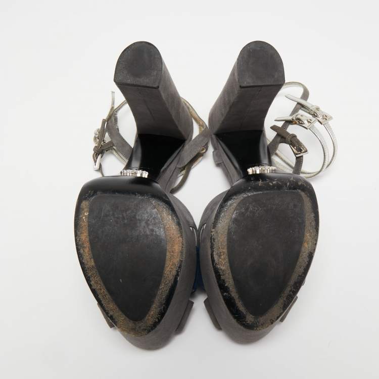 Pre Owned Prada Grey Suede and Leather Ankle Strap Platform Sandals Size 40