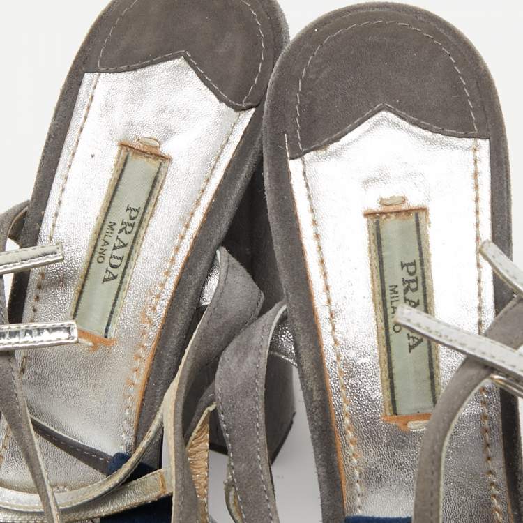 Pre Owned Prada Grey Suede and Leather Ankle Strap Platform Sandals Size 40