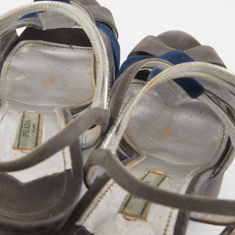 Pre Owned Prada Grey Suede and Leather Ankle Strap Platform Sandals Size 40