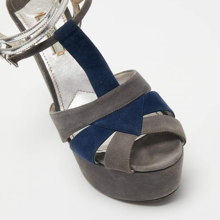 Pre Owned Prada Grey Suede and Leather Ankle Strap Platform Sandals Size 40