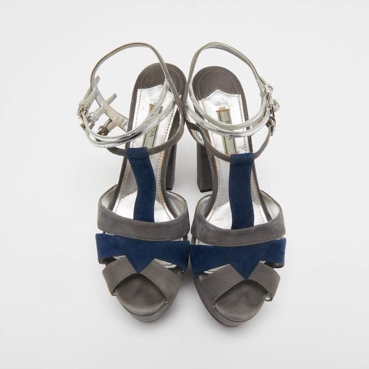 Pre Owned Prada Grey Suede and Leather Ankle Strap Platform Sandals Size 40