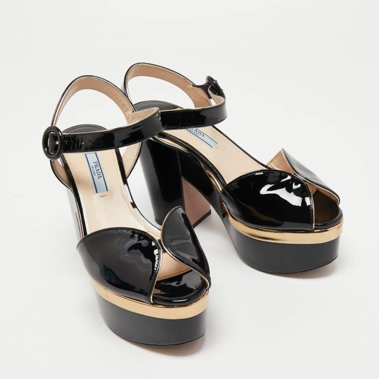 Pre Owned Prada Black Patent Leather Block Heel Platform Ankle Strap Sandals Size 37