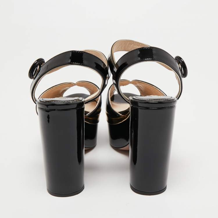 Pre Owned Prada Black Patent Leather Block Heel Platform Ankle Strap Sandals Size 37