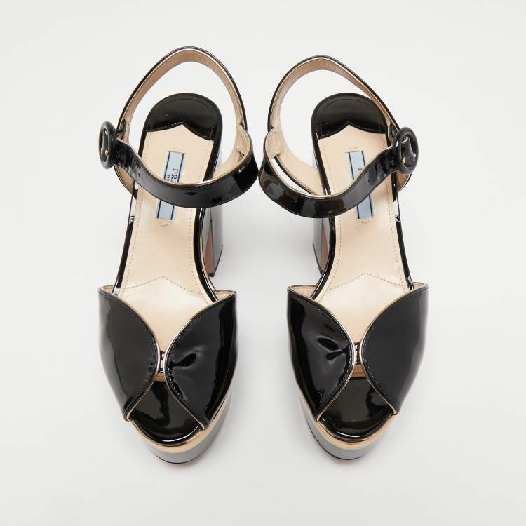 Pre Owned Prada Black Patent Leather Block Heel Platform Ankle Strap Sandals Size 37