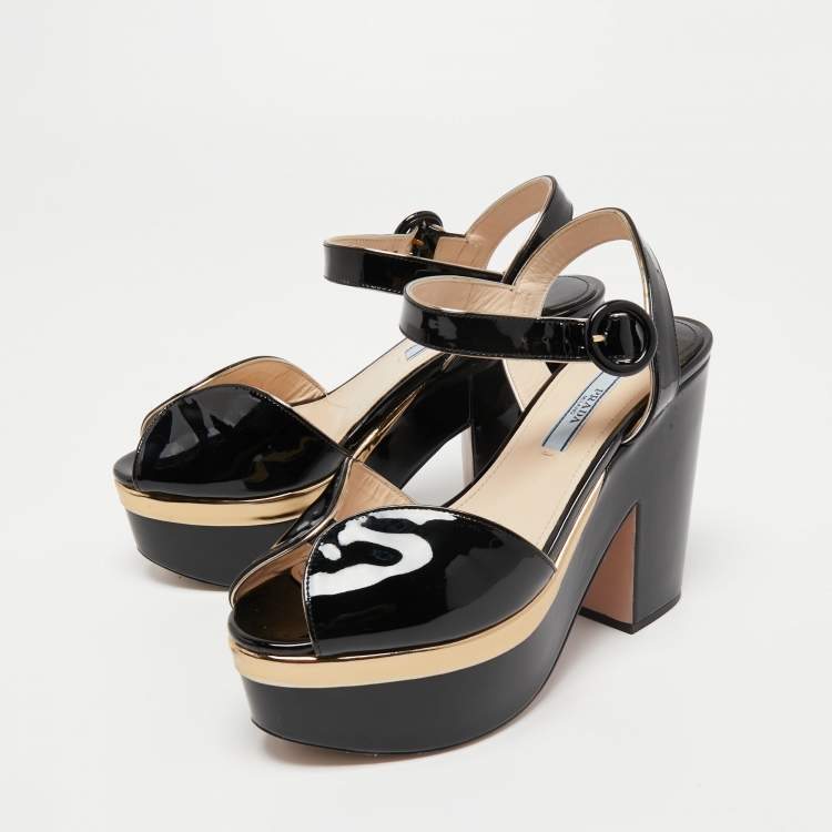 Pre Owned Prada Black Patent Leather Block Heel Platform Ankle Strap Sandals Size 37