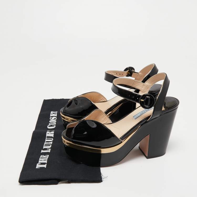 Pre Owned Prada Black Patent Leather Block Heel Platform Ankle Strap Sandals Size 37