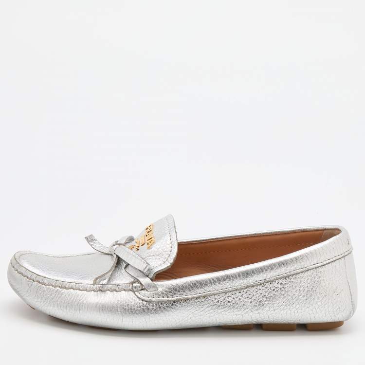 Pre Owned Prada Silver leather Logo Applique Slip On Loafers Size 36.5