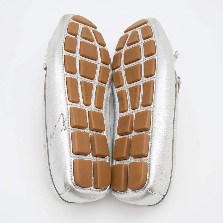 Pre Owned Prada Silver leather Logo Applique Slip On Loafers Size 36.5