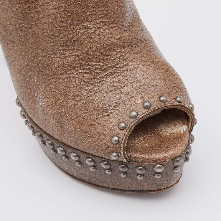 Pre Owned Prada Brown Crackled Leather Studded Peep Toe Platform Singback Pumps Size 37