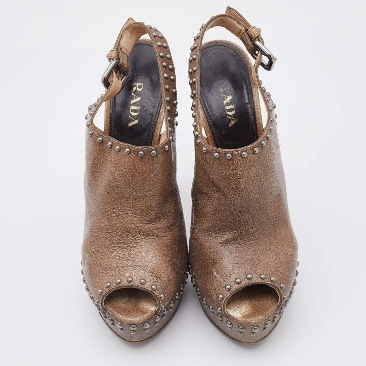 Pre Owned Prada Brown Crackled Leather Studded Peep Toe Platform Singback Pumps Size 37