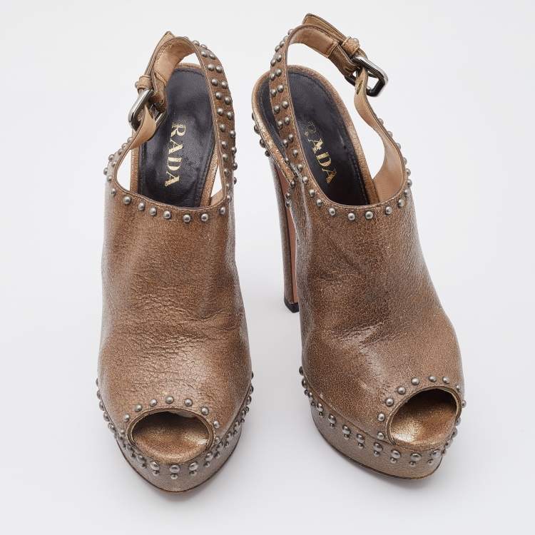 Pre Owned Prada Brown Crackled Leather Studded Peep Toe Platform Singback Pumps Size 37