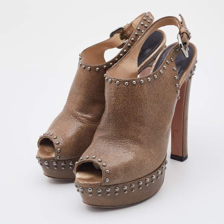 Pre Owned Prada Brown Crackled Leather Studded Peep Toe Platform Singback Pumps Size 37