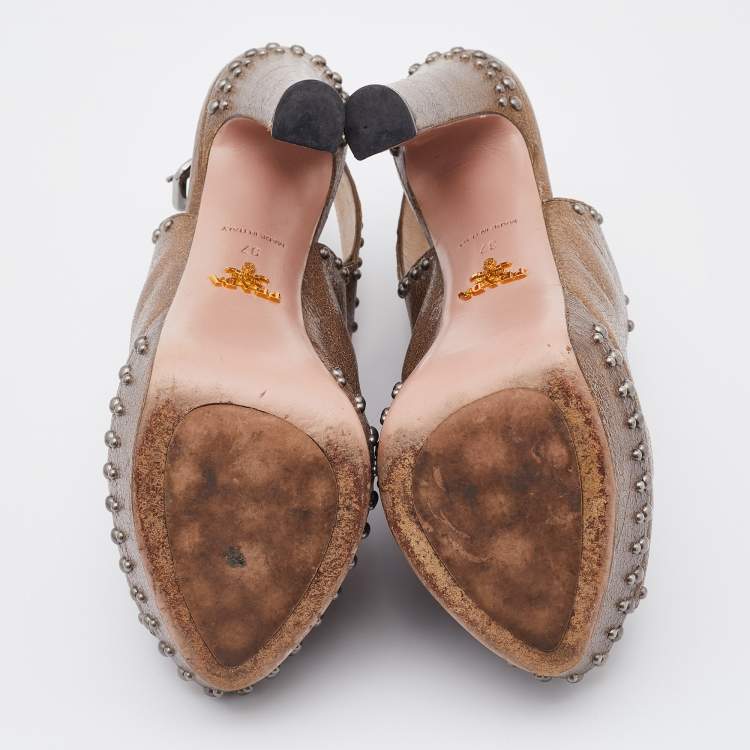 Pre Owned Prada Brown Crackled Leather Studded Peep Toe Platform Singback Pumps Size 37