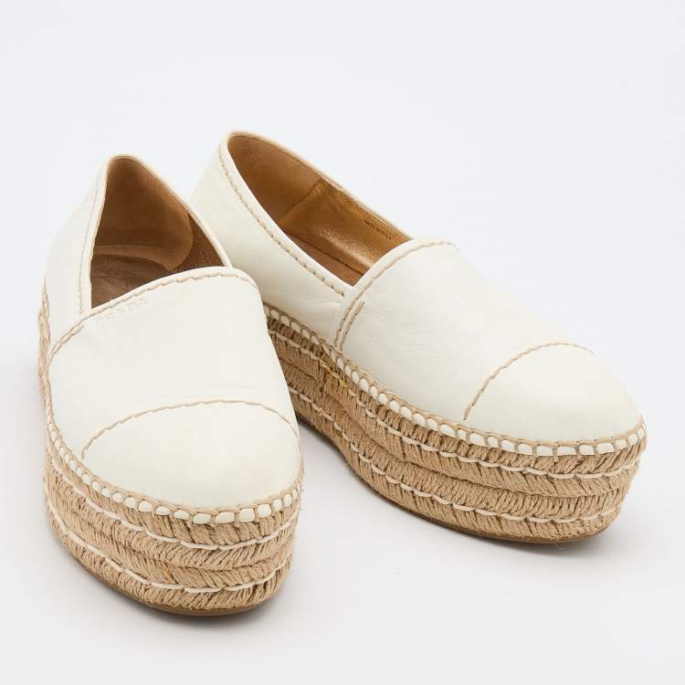 Pre Owned Prada Off White Leather Platform Espadrille Flats Size 38 