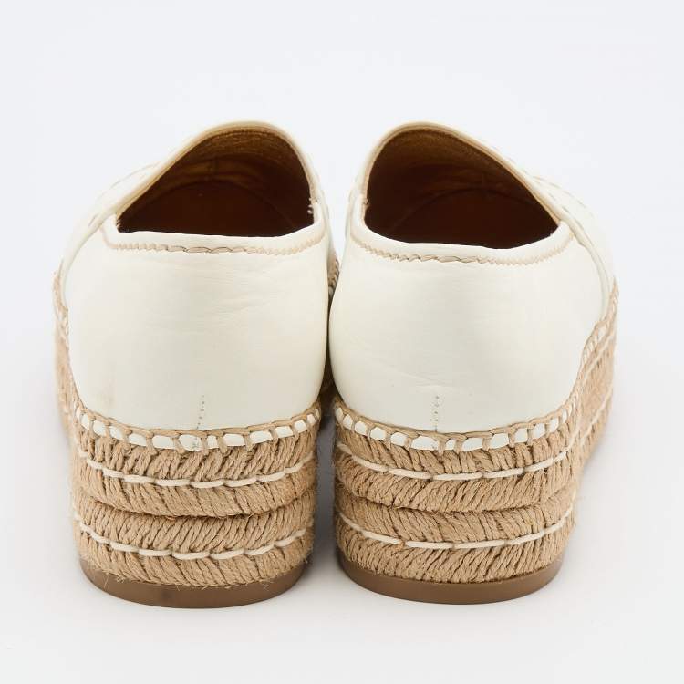 Pre Owned Prada Off White Leather Platform Espadrille Flats Size 38 