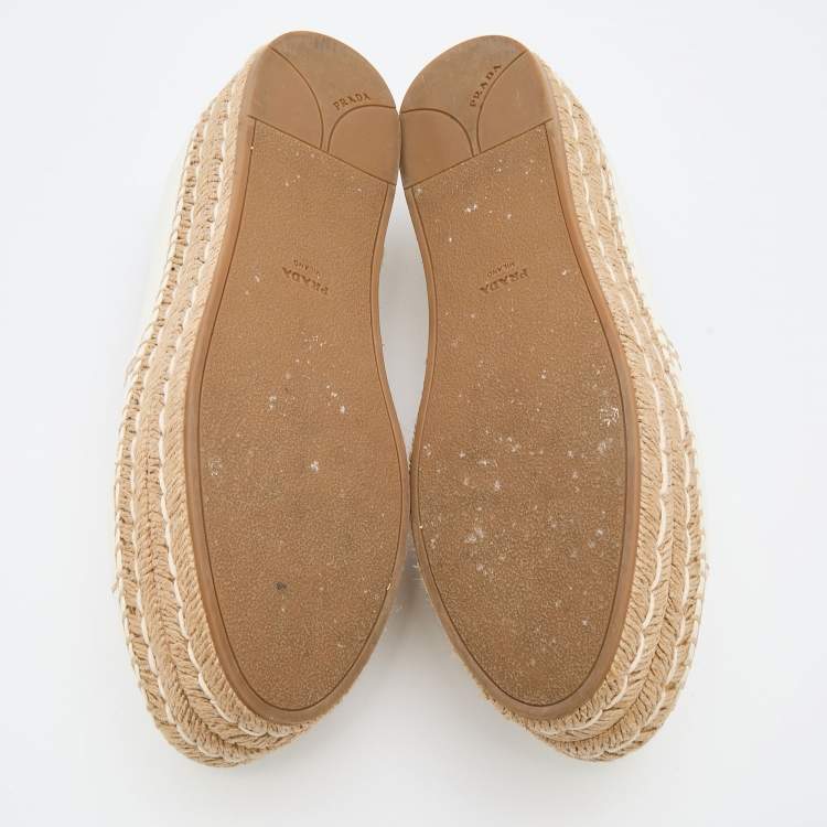 Pre Owned Prada Off White Leather Platform Espadrille Flats Size 38 