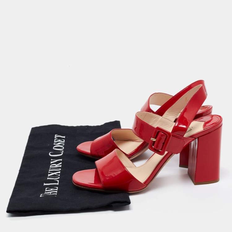 Pre Owned Prada Red Patent Leather Ankle Strap Block Heel Sandals Size 37