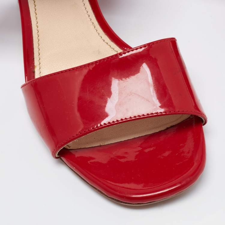 Pre Owned Prada Red Patent Leather Ankle Strap Block Heel Sandals Size 37