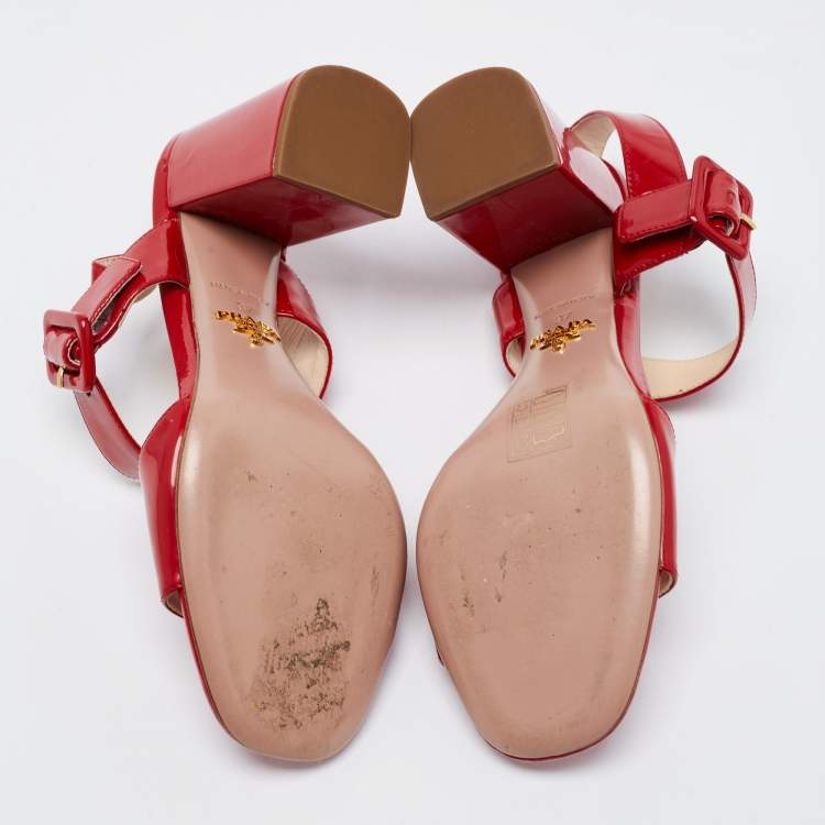 Pre Owned Prada Red Patent Leather Ankle Strap Block Heel Sandals Size 37