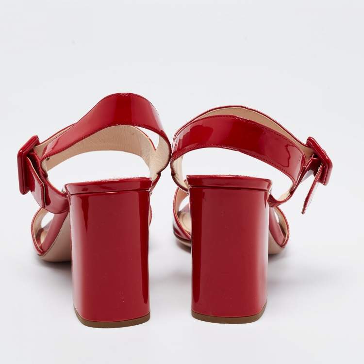 Pre Owned Prada Red Patent Leather Ankle Strap Block Heel Sandals Size 37
