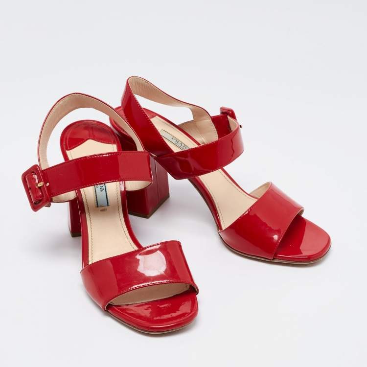 Pre Owned Prada Red Patent Leather Ankle Strap Block Heel Sandals Size 37