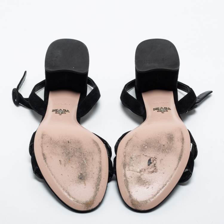 Pre Owned Prada Black Studded Suede Block Heel Ankle Strap Sandals Size 40